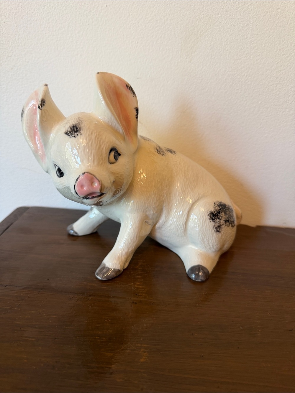 Ceramic White Pig Figurine with Pink Accents